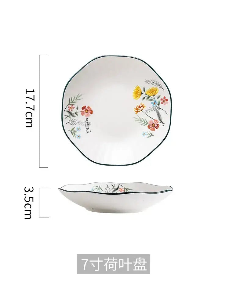 Decorbites™ bone china rice noodles bowl and dinner plate set featuring a white scalloped plate with colorful floral patterns