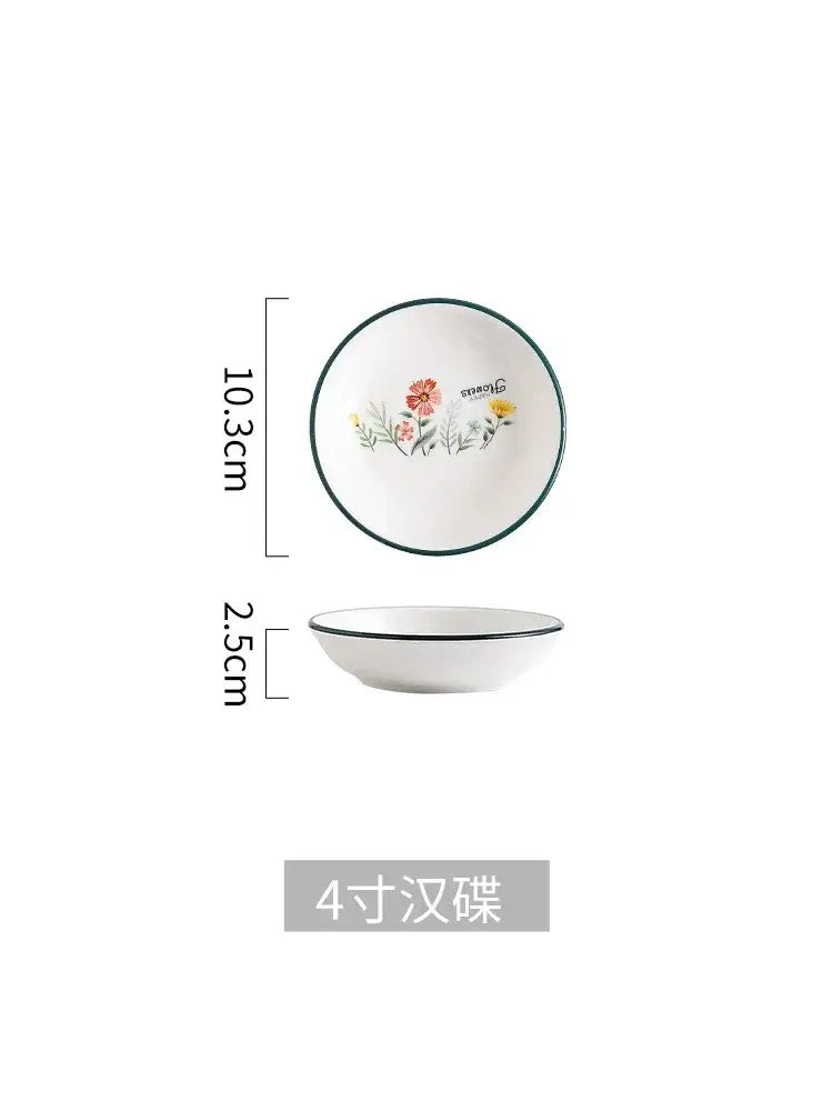White ceramic DecorBites™ bone china rice noodles bowl with delicate pink yellow and green floral rim design