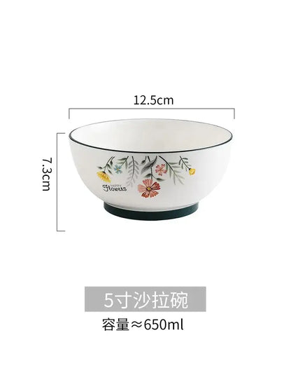 Decorbites™ bone china rice noodles bowl with delicate floral rim design and black trim for serving rice noodles