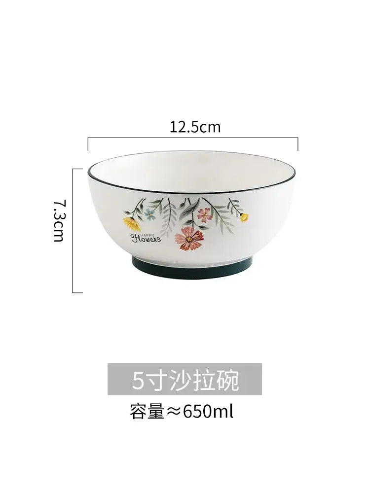 Decorbites™ bone china rice noodles bowl with delicate floral rim design and black trim for serving rice noodles