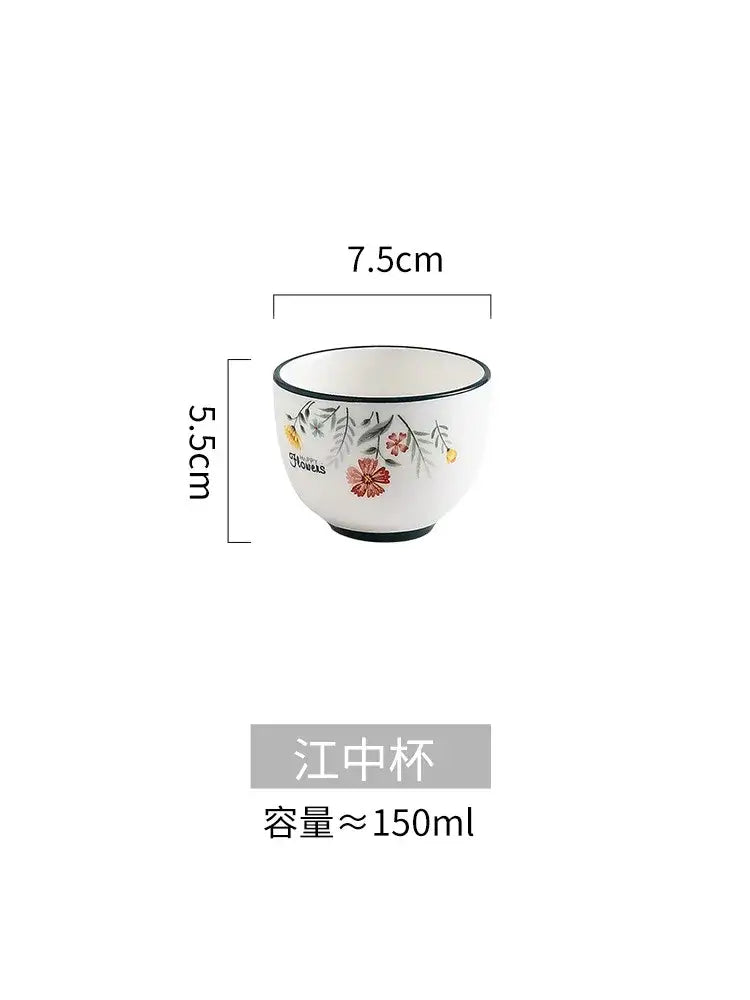 Decorbites™ bone china rice noodles bowl in white ceramic with black rim and floral patterns in red yellow and green