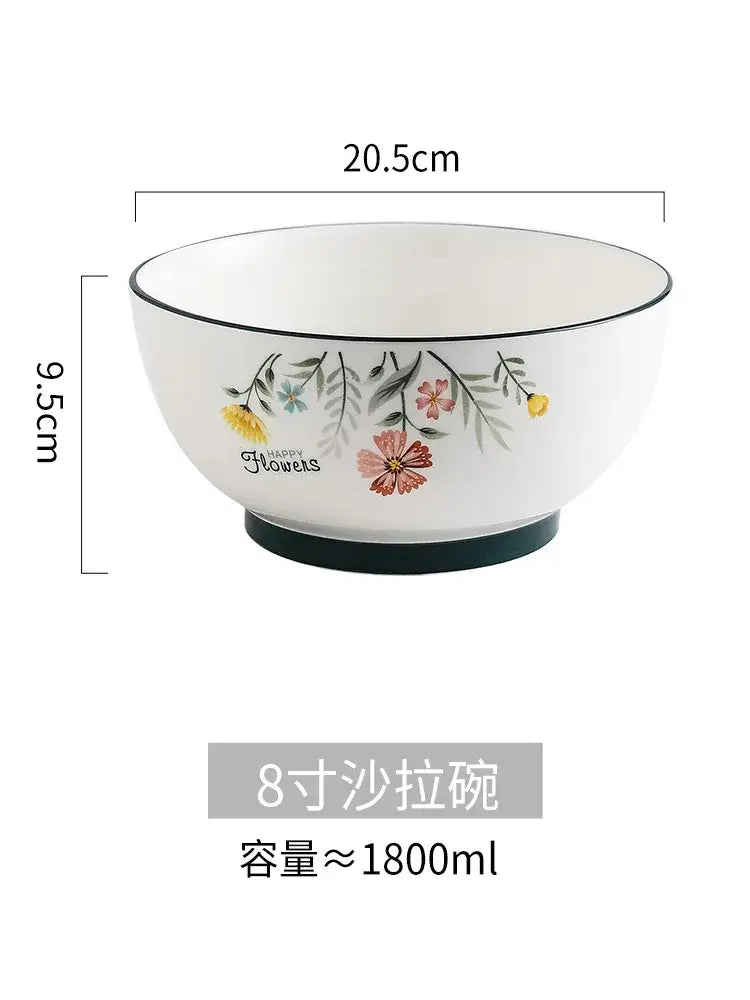 White ceramic DecorBites™ bone china rice noodles bowl with floral rim and black trim for serving rice noodles