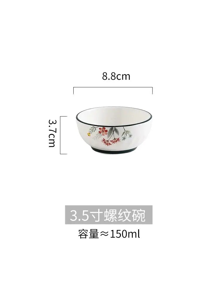 DecorBites™ bone china rice noodles bowl in white with red and green floral pattern and black rim accents