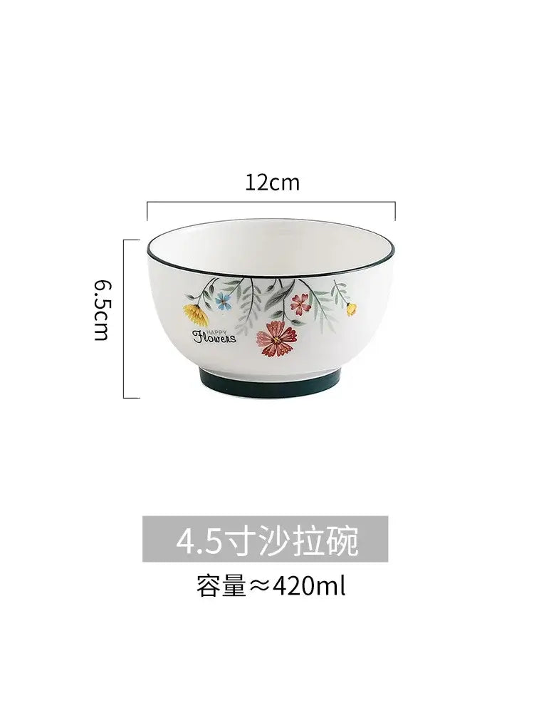 DecorBites bone china rice noodles bowl with white ceramic, floral design in red yellow blue, black rim and base