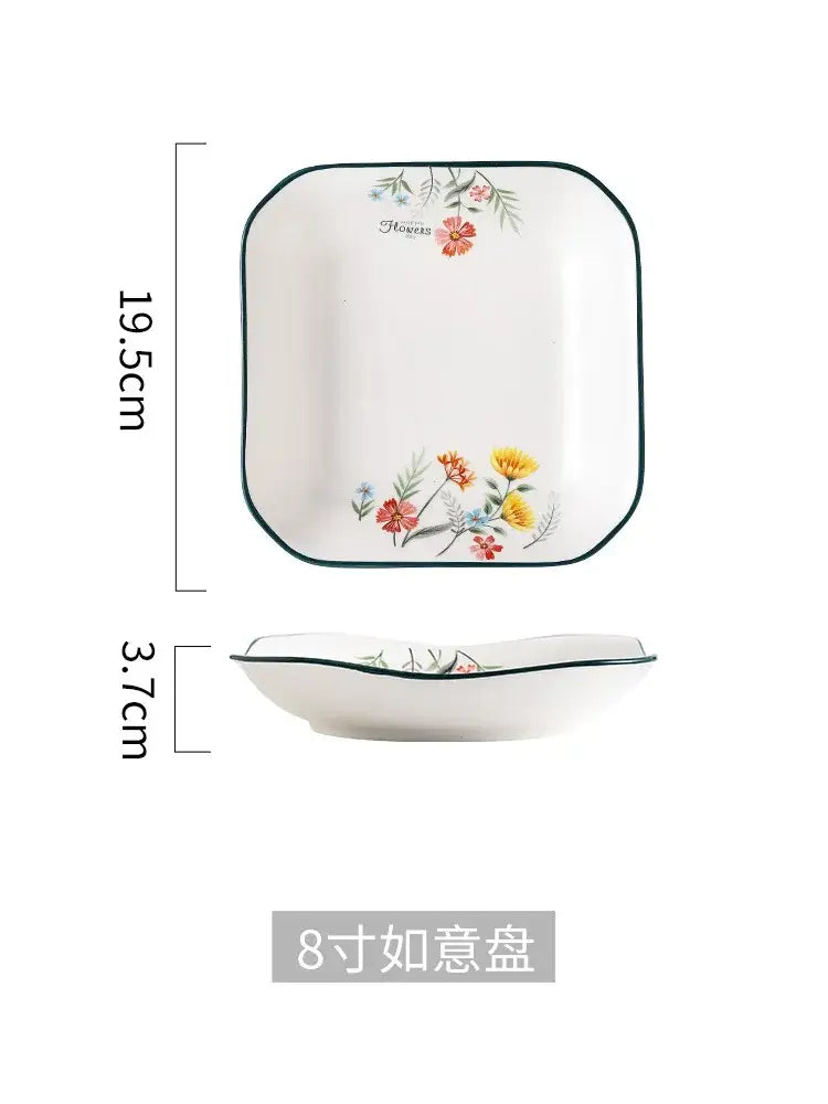 White ceramic decorbites™ bone china rice noodles bowl and dinner plate set with floral edges and dark green border