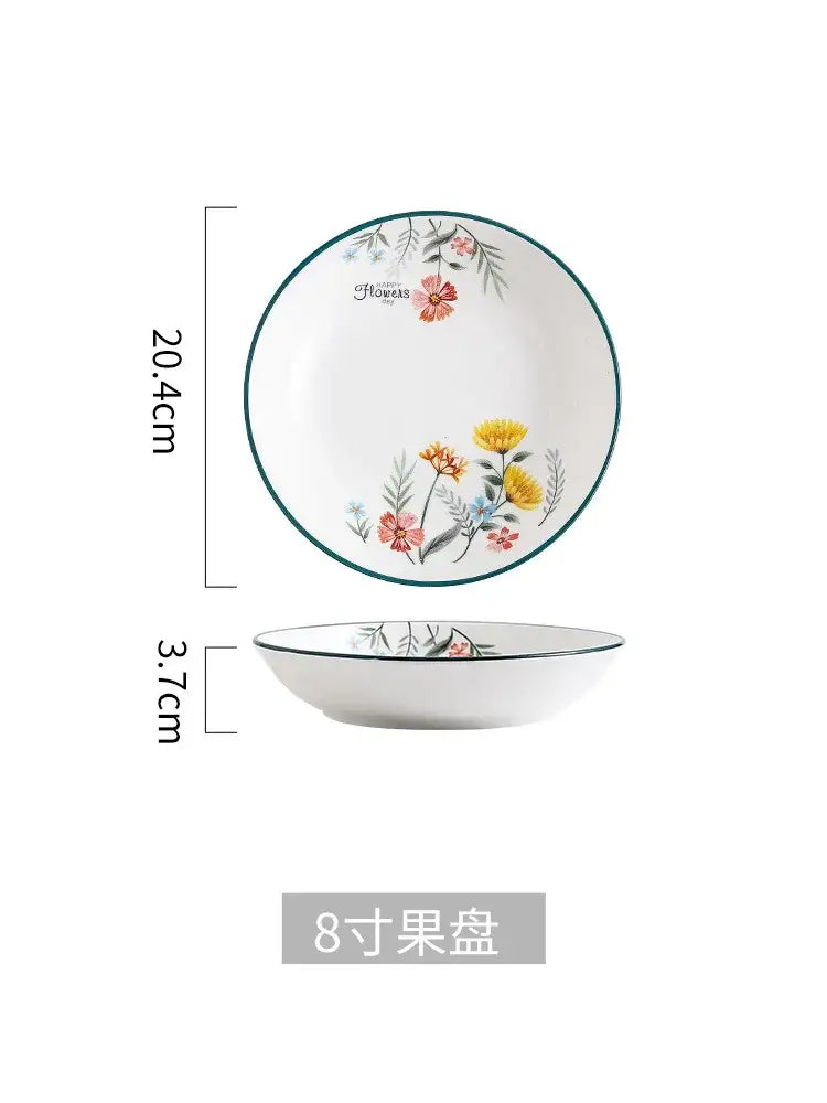 White ceramic DecorBites™ bone china rice noodles bowl and dinner plate set with delicate floral pattern rim