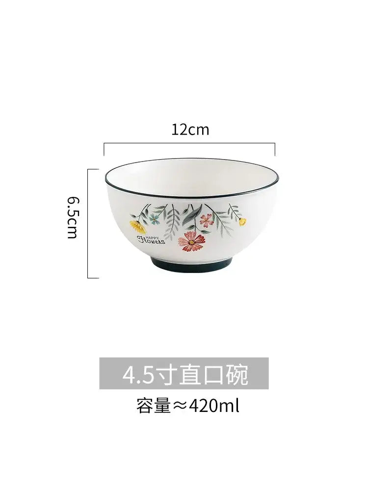 Decorbites™ bone china rice noodles bowl with white ceramic, floral rim in pink yellow green, black trim edge and base