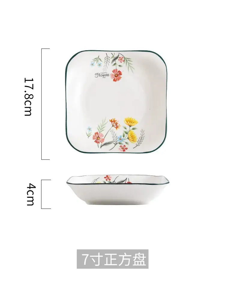 White ceramic square dinner plate from decorbites bone china rice noodles bowl set with floral pattern and dark green rim