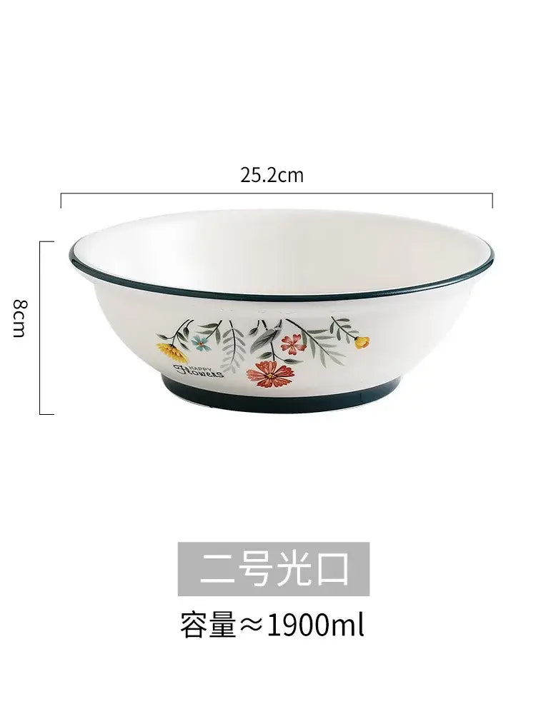 White ceramic DecorBites™ bone china rice noodles bowl with floral rim design and black trim for serving rice noodles