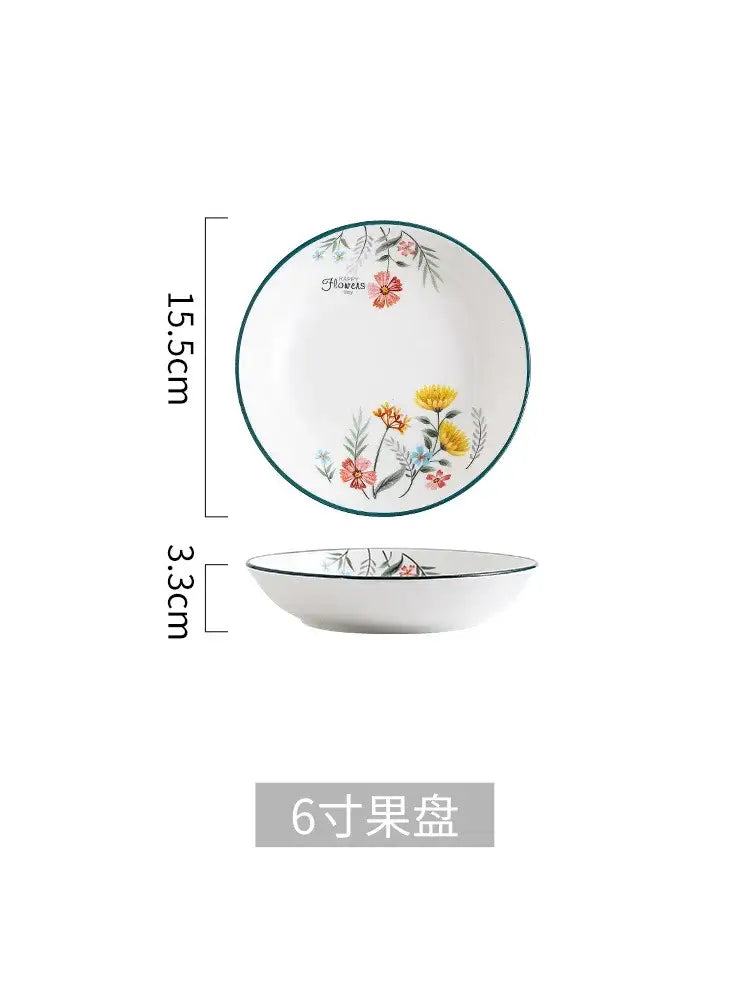 DecorBites™ bone china rice noodles bowl and plate set with white ceramic fruit plate floral design and green rim