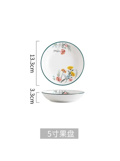White ceramic rice noodles bowl with delicate pink yellow green floral rim in decorbites bone china set