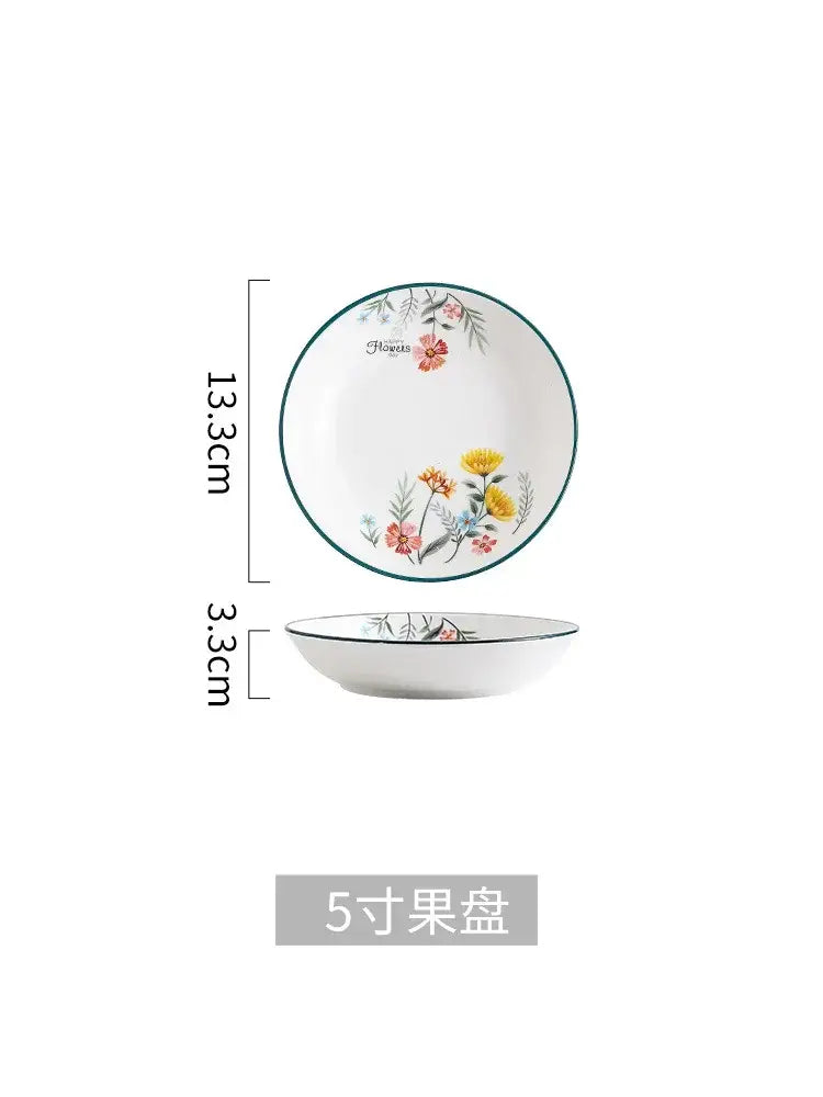 White ceramic rice noodles bowl with delicate pink yellow green floral rim in decorbites bone china set