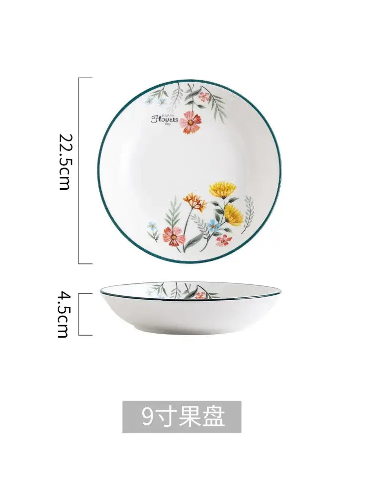 Decorbites™ bone china rice noodles bowl and dinner plate set with white ceramic floral pattern and teal rim
