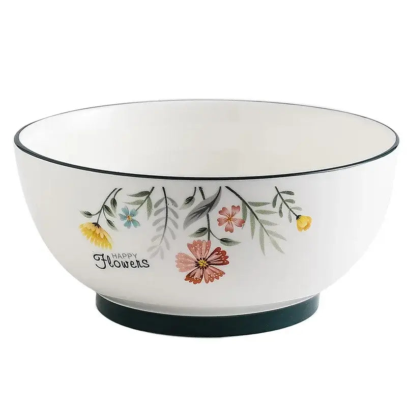 White ceramic bone china rice noodles bowl with delicate pink yellow blue floral design and black trim from decorbites