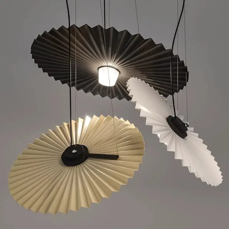 Decorbites boomerang wood black and cream pleated paper fan pendant lights with black metal fixtures for dining room