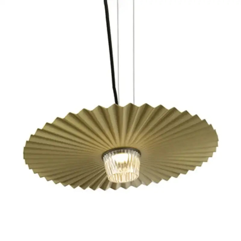 Gold-toned pleated metal fan pendant light with central glass bulb in decorbites boomerang wood black cream dining lamp