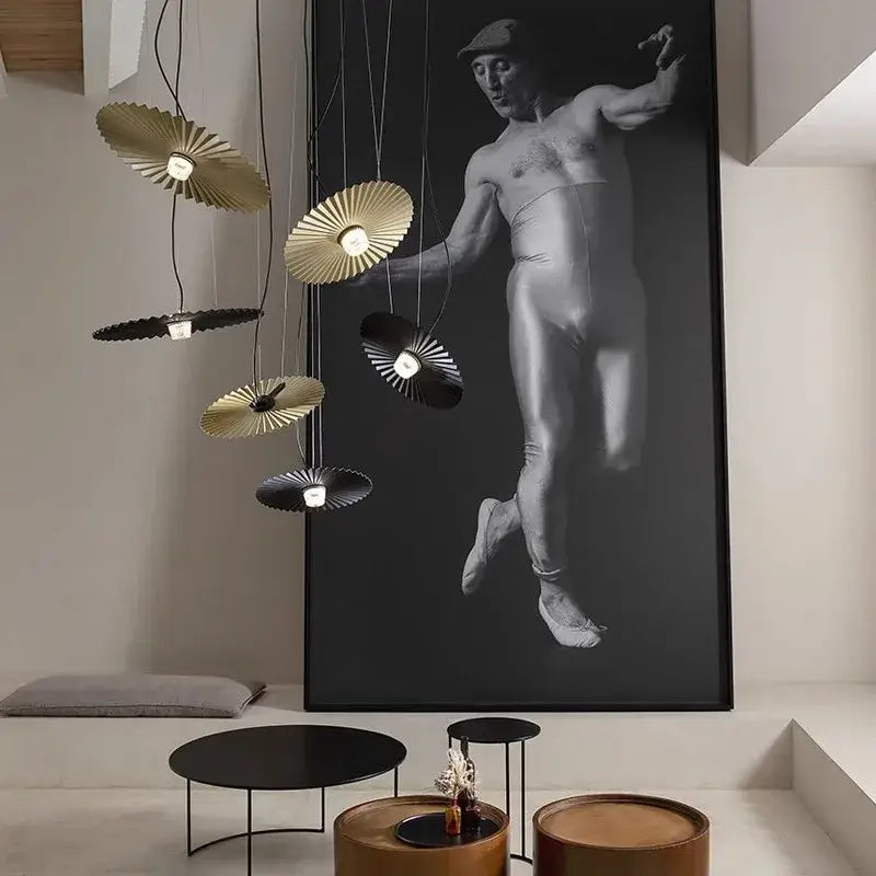 Modern gold and black fan-shaped pendant lights from decorbites boomerang wood chandeliers for dining rooms