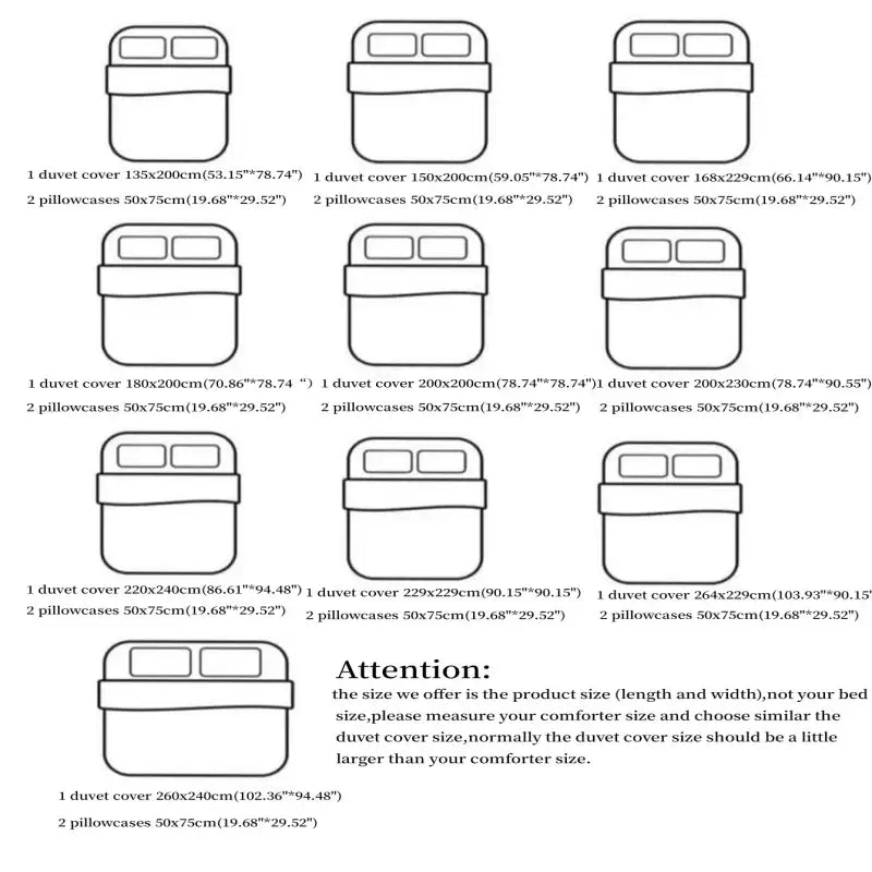 Nine size options with dimensions in centimeters for decorbites bow embroidery bedding set with ruffles displayed
