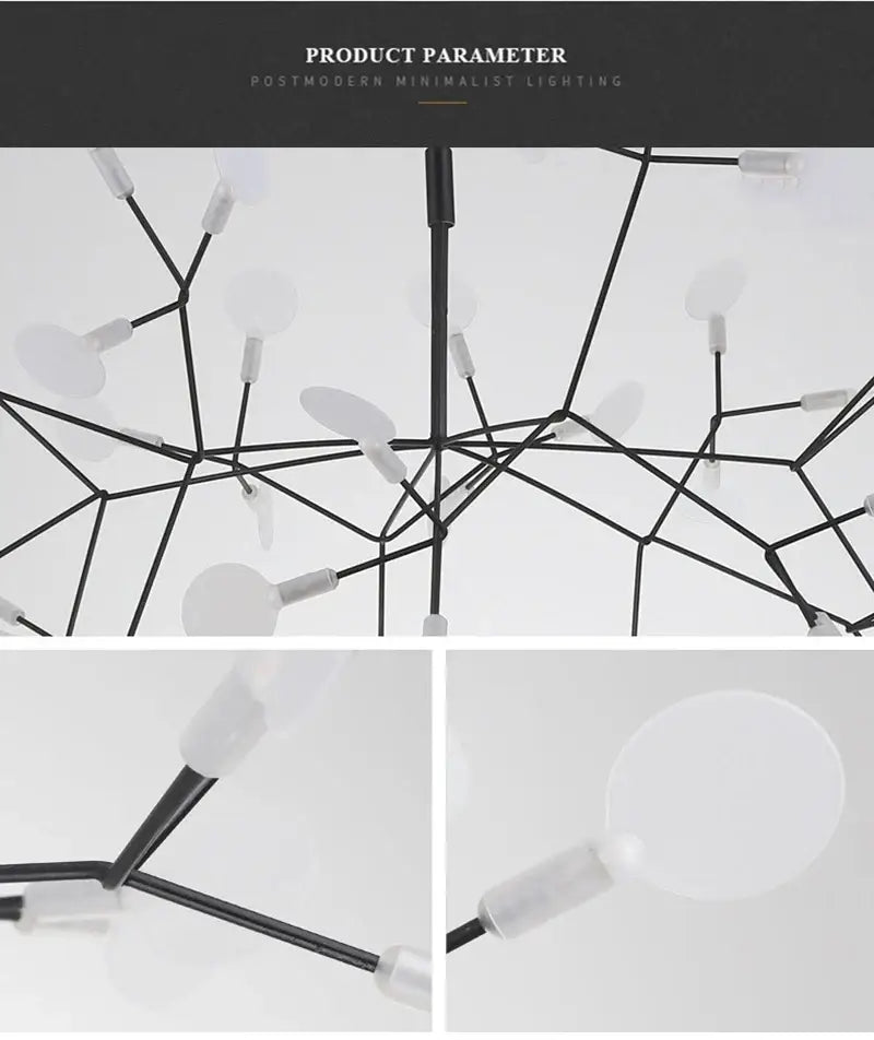 Decorbites™ branch design nordic chandelier with black metal frame and frosted white spherical lights rose gold black accents