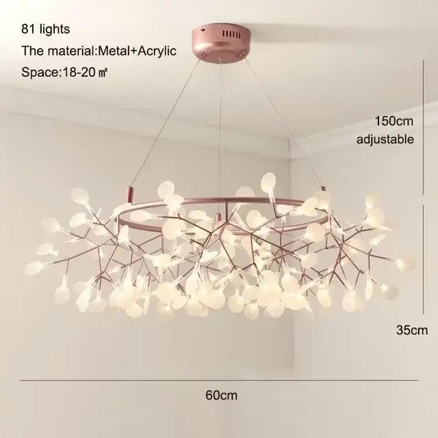 Decorbites™ branch design nordic chandelier with 81 rose gold black metal and acrylic lights in a leaf-like pattern
