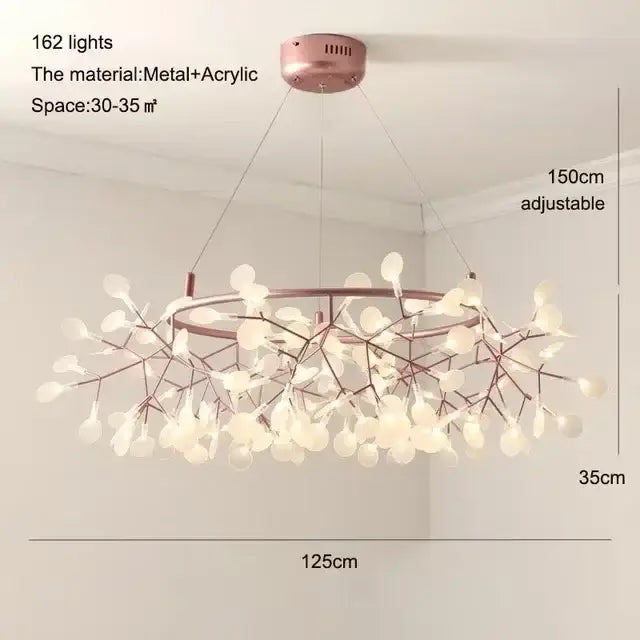 Rose gold black DecorBites branch design Nordic chandelier with 162 lights in metal and acrylic leaf-like arrangement