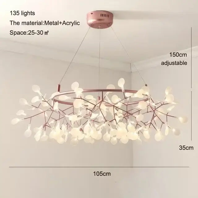Decorbites™ branch design nordic chandelier in rose gold black metal and acrylic with 135 lights in leaf-like design
