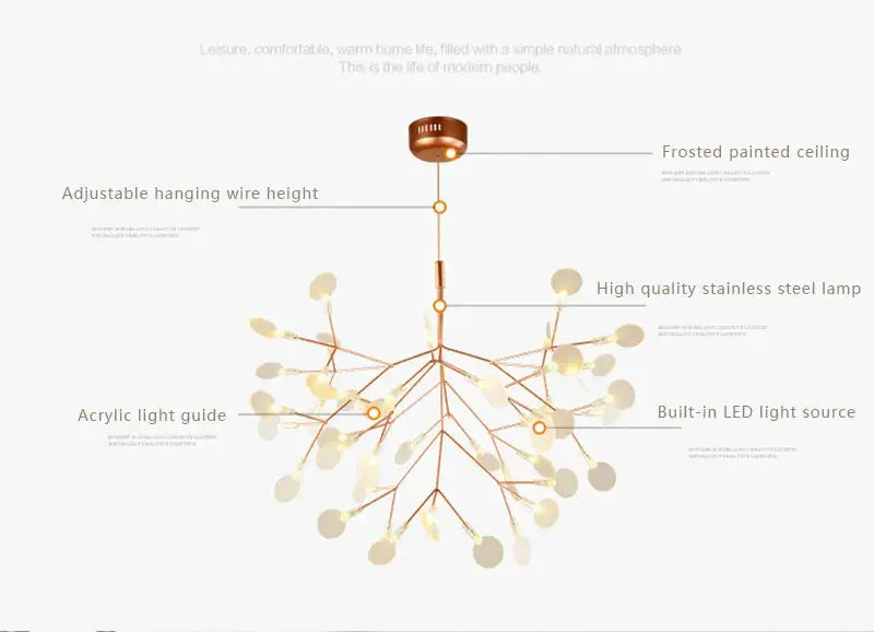 DecorBites™ branch design nordic chandelier with rose gold black stainless steel frame and frosted acrylic light guides