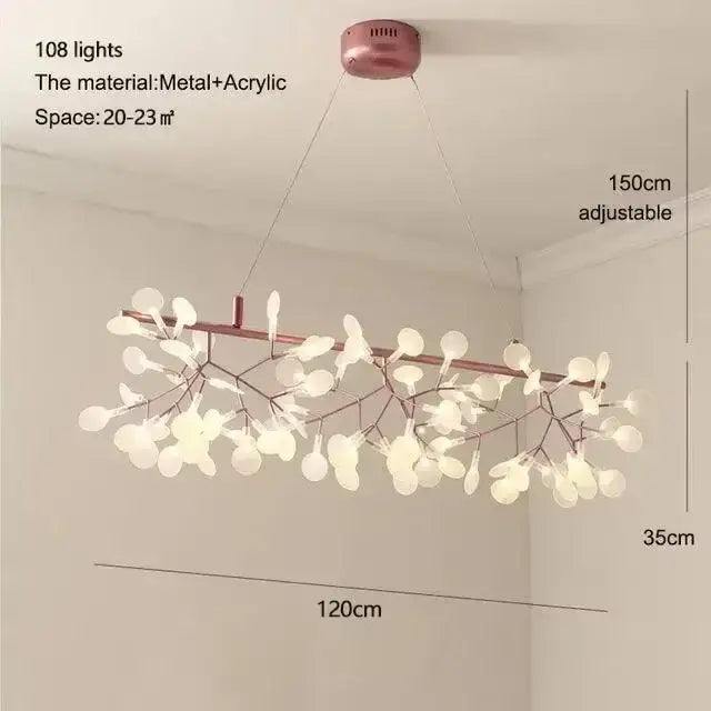 DecorBites branch design pendant chandelier in rose gold black with 108 frosted acrylic leaf-shaped lights