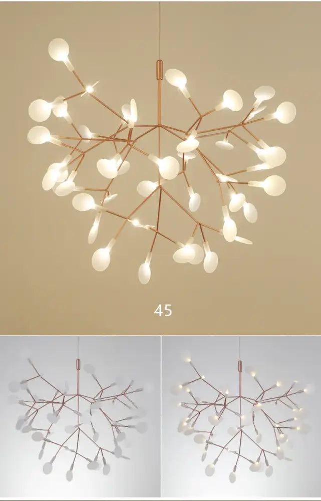 A modern decorbites™ branch design nordic chandelier in rose gold black with frosted glass globe bulbs and metal frame