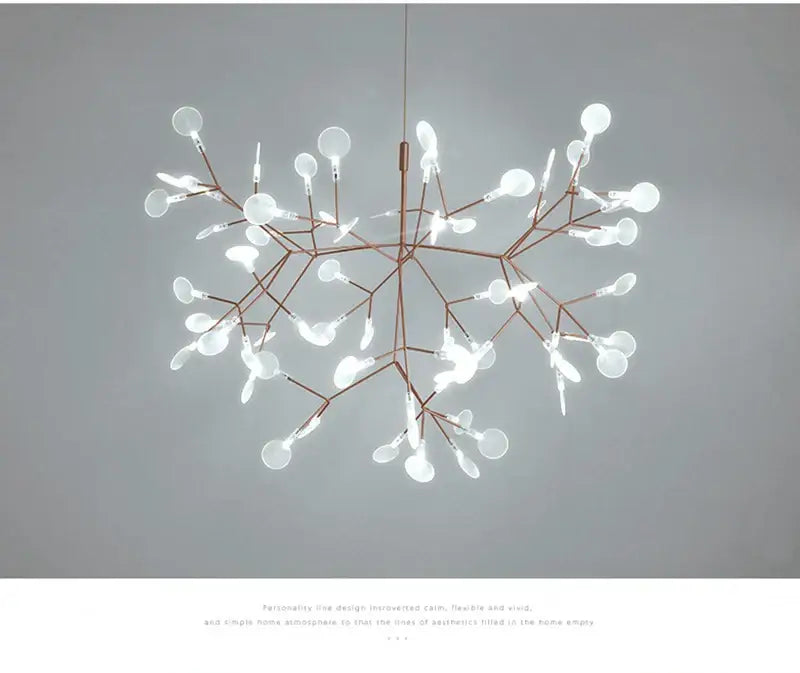 DecorBites branch design nordic chandelier with rose gold black metal arms and translucent white glass globes