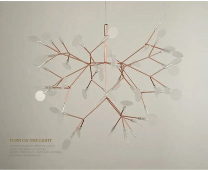 DecorBites™ branch design nordic chandelier in rose gold black with tree-like structure and clear glass discs LED lights