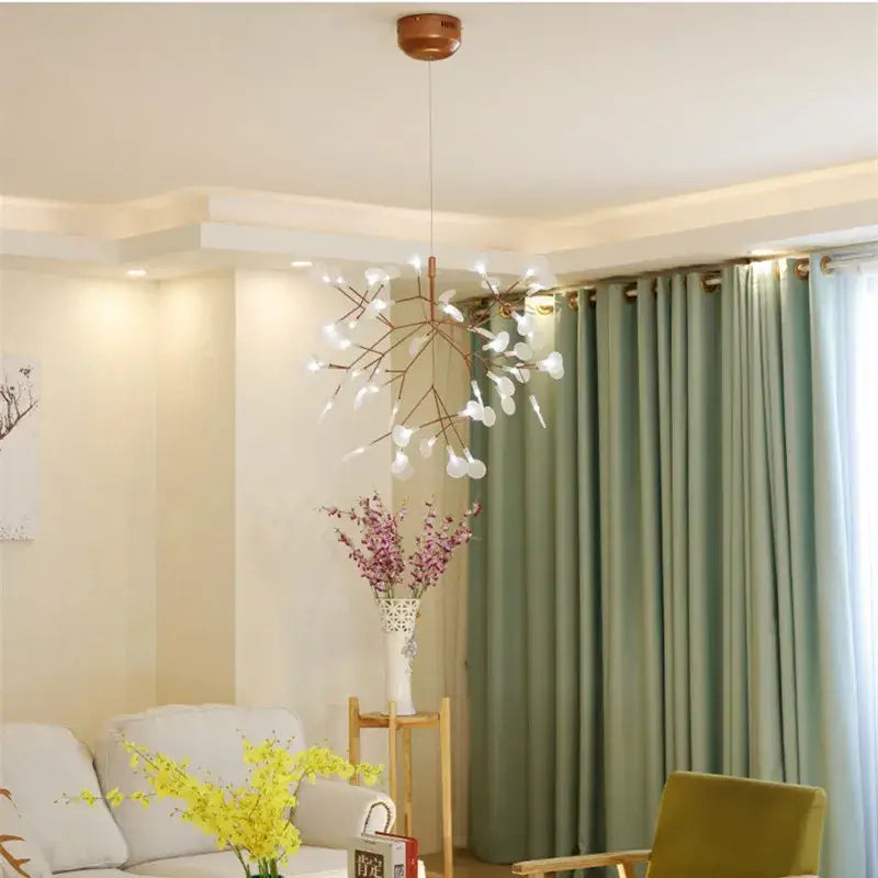 A modern decorbites™ branch design nordic chandelier in rose gold black with delicate branching arms and white glass orbs