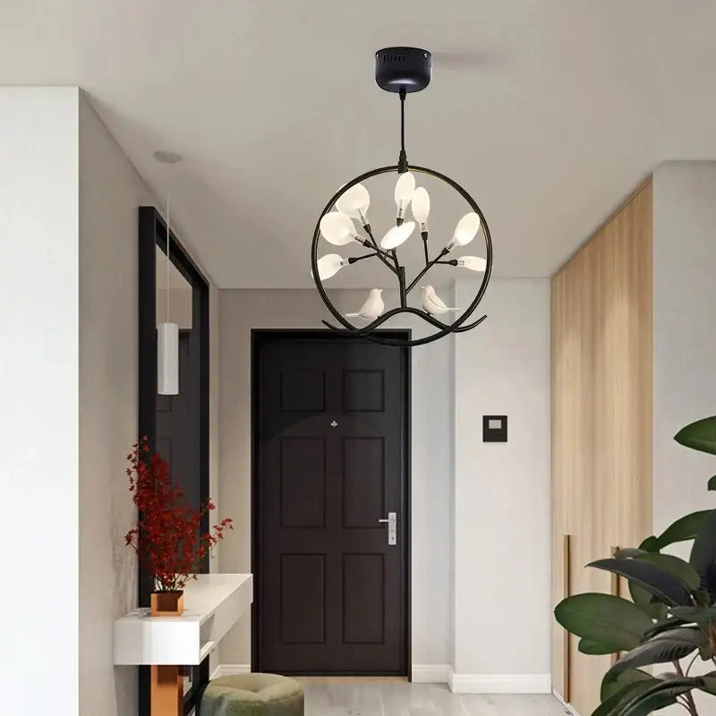 Decorbites branch iron black gold chandelier featuring white ceramic bird and leaf-shaped lights for living room