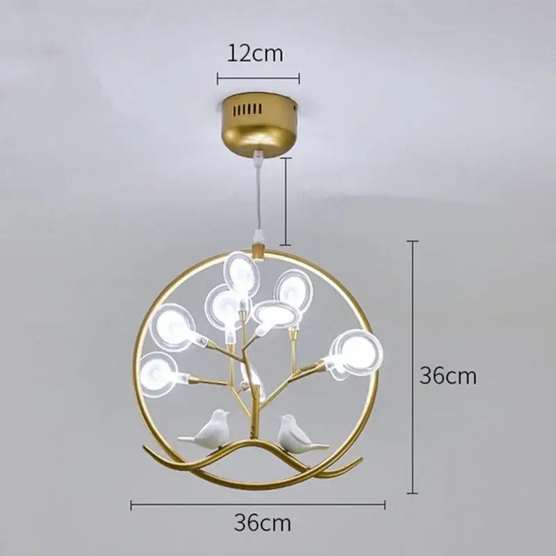 Gold-toned decorbites branch iron black gold circular pendant light with tree design and ceramic birds for living room