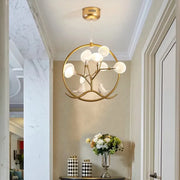 Gold-toned decorbites branch iron black gold chandelier with circular frame frosted globe lights and white ceramic birds for living room