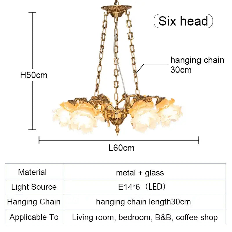 Gold-toned decorbites brass angel chandelier with six ornate heads and frosted flower glass shades for living room