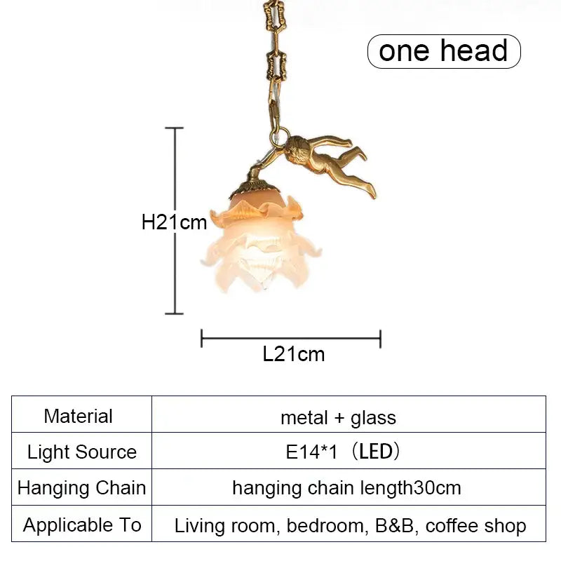 Delicate decorbites brass angel chandelier with gold-toned finish, flower glass shade, and ornate cherub for living room
