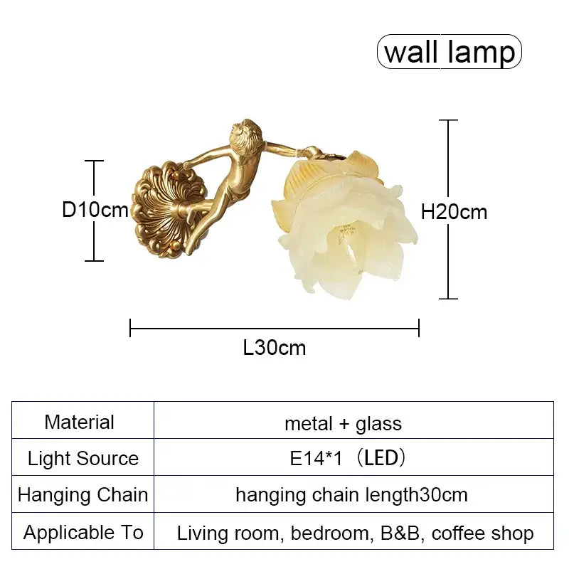 Golden metal figurine wall lamp with white glass lotus flower shade from decorbites brass angel chandelier collection