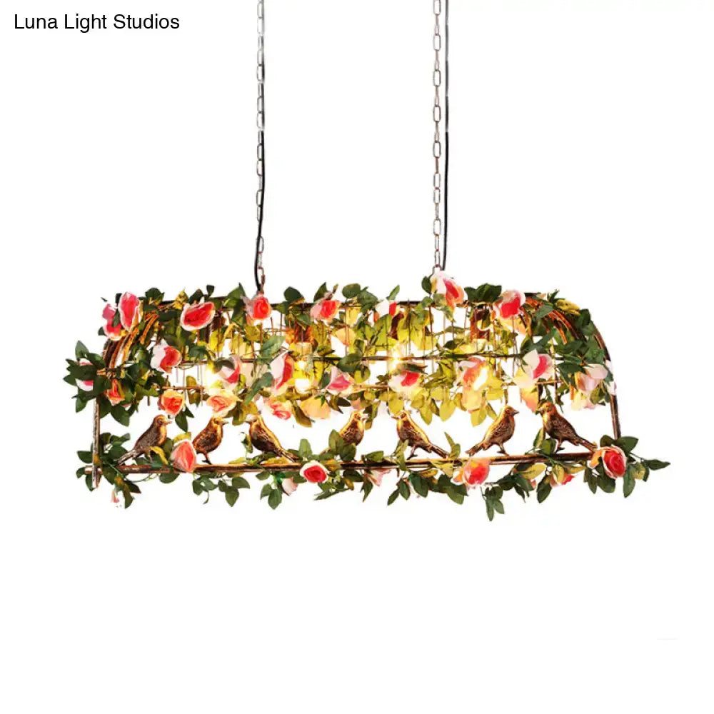 DecorBites™ brass birdcage light fixture with e26 e27 bulbs, adorned with pink white roses and small brown birds