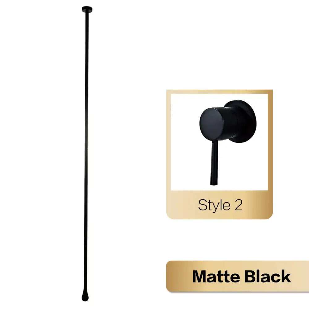 Matte black shower rod with sleek modern design and rounded ends complementing brass black single handle faucet