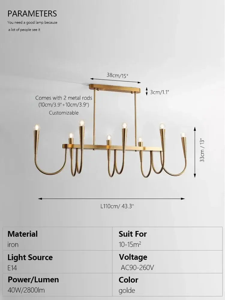 Decorbites brass chandelier with gold-toned curved arms and candle-style bulbs for dining room lighting