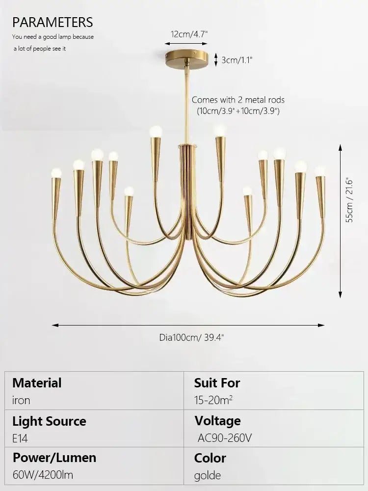 Gold-colored decorbites brass chandelier for dining room with multiple curved arms and frosted bulb sockets