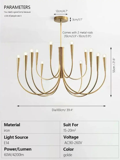 Gold-colored decorbites brass chandelier with curved arms and candle-style lights for dining room use