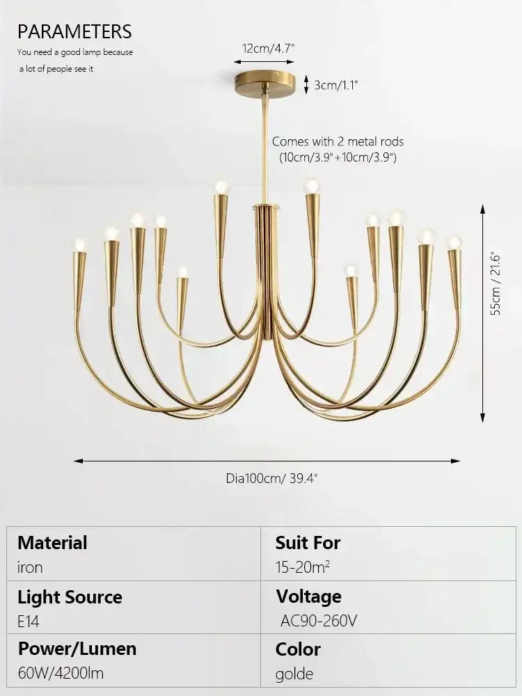 Gold-colored decorbites brass chandelier with curved arms and candle-style lights for dining room use
