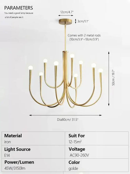 Gold-colored decorbites brass chandelier with modern curved arms and spherical bulbs for dining room lighting