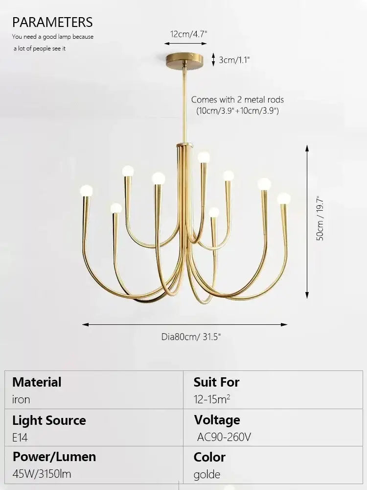 Gold-colored decorbites brass chandelier with modern curved arms and spherical bulbs for dining room lighting