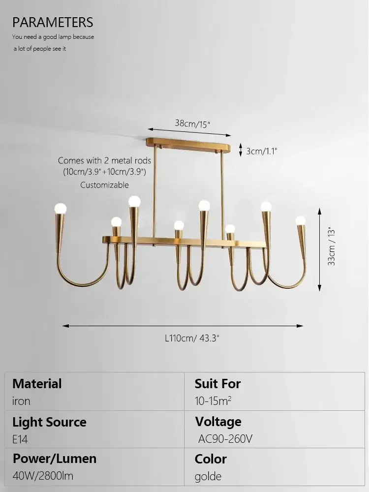 Gold-toned decorbites brass chandelier with multiple curved arms and spherical bulbs for dining room use