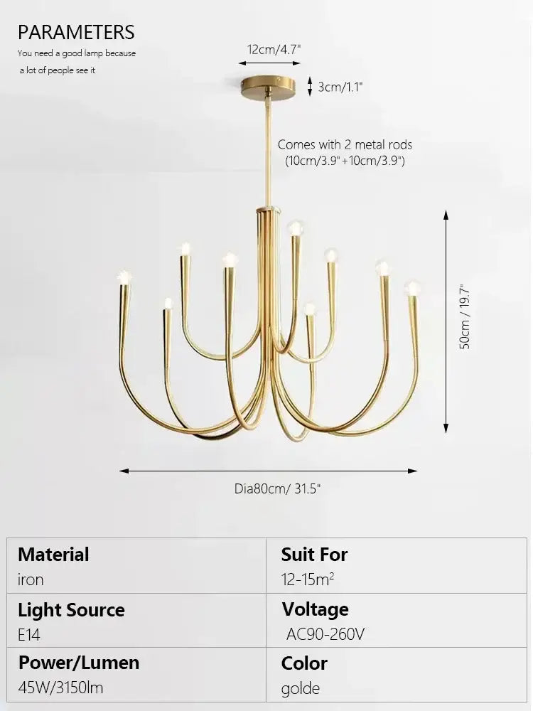 Gold-colored decorbites brass chandelier with curved arms and exposed bulbs for dining room lighting
