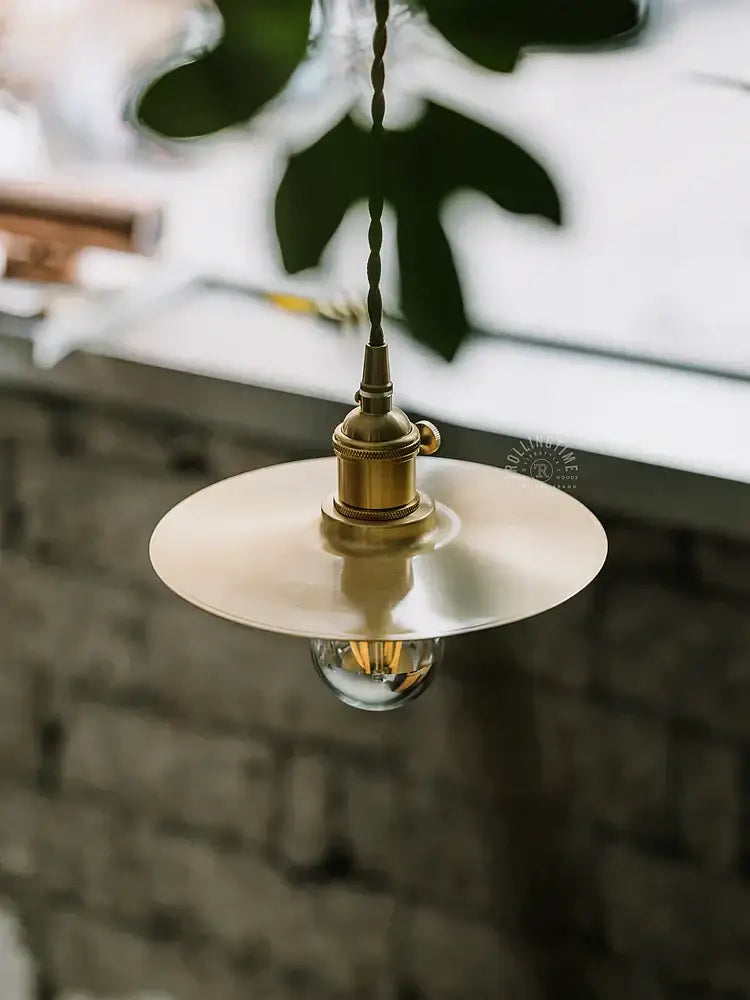 Brass chandelier decorbites pendant light with circular shade and twisted cord for industrial dining room decor