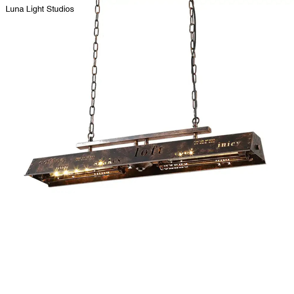 Decorbites brass island pendant light with dark metal frame chain suspension and etched lettering for loft style decor
